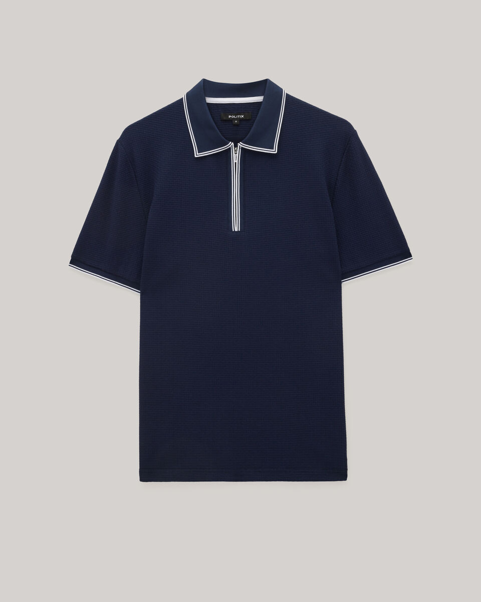 Textured Zip-up Collar Polo, Navy, hi-res